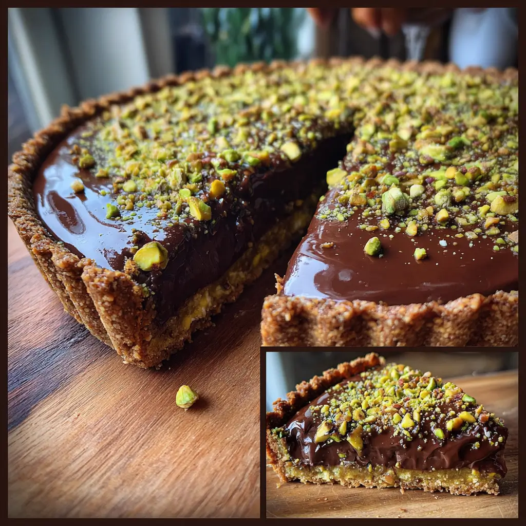 Chocolate Pistachio Desserts – Simple Recipe, Spectacular Results 5 Close-up of chocolate pistachio desserts tart with glossy ganache and crushed pistachio topping