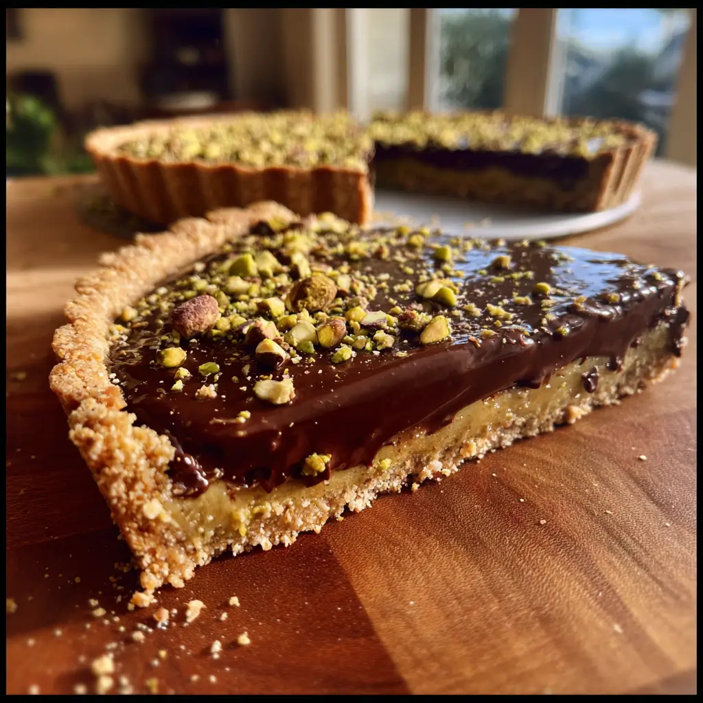 Chocolate Pistachio Desserts – Simple Recipe, Spectacular Results 7 Homemade chocolate pistachio dessert tart with glossy ganache and crushed pistachio topping