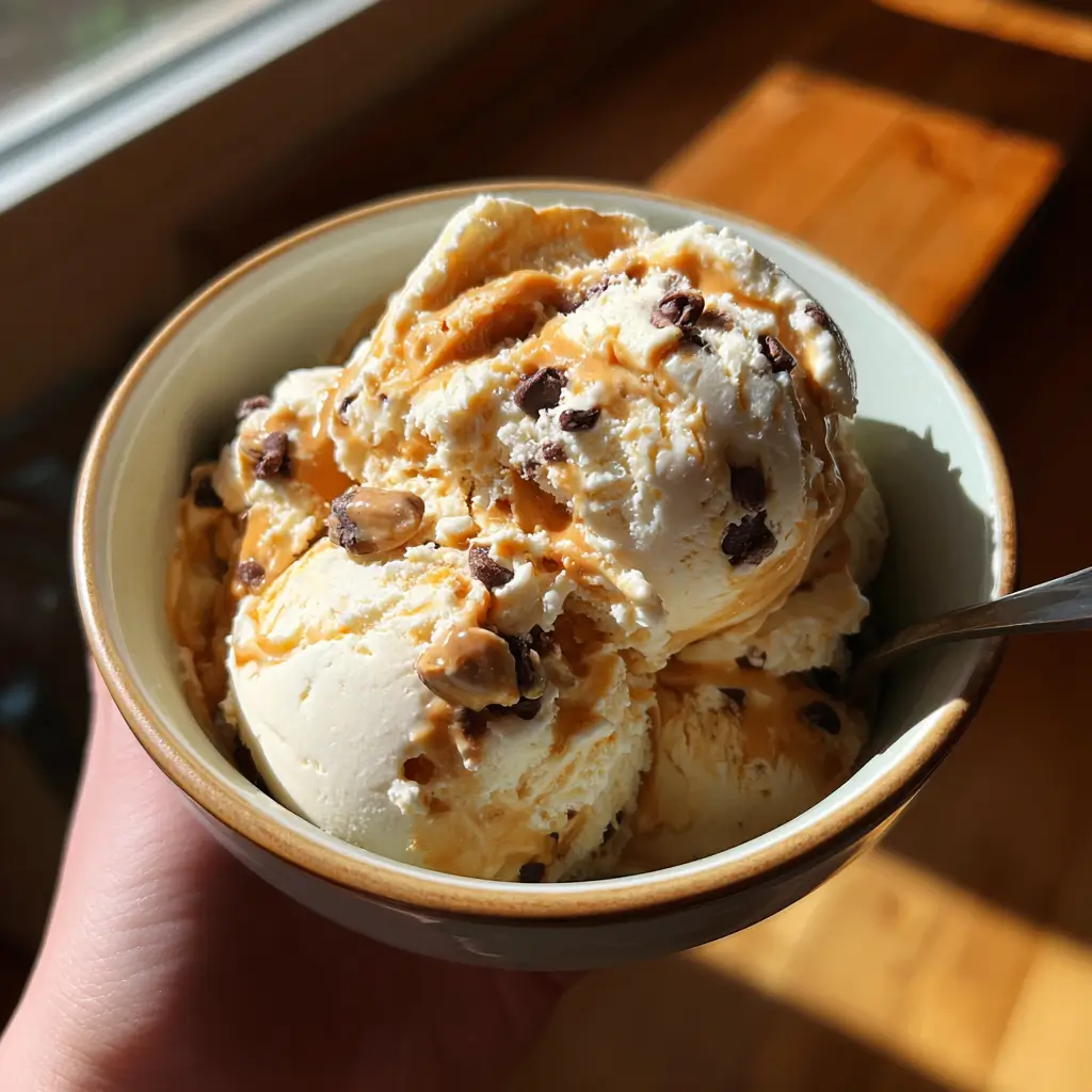 Cottage Cheese Ice Cream That Actually Tastes Amazing 6 Bowl of creamy cottage cheese ice cream with honey, peanut butter, and chocolate chips
