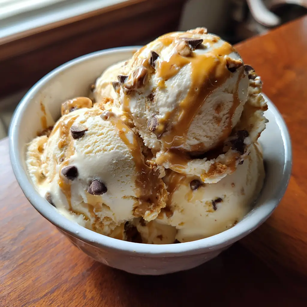 Cottage cheese ice cream with honey, peanut butter, and chocolate chips in a bowl