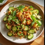 Crispy Rice Salad Recipe: 1 Stunning Crunch, Big Flavor 7 crispy rice salad with cucumber slices, mint leaves, peanuts, and chili crisp on a white plate