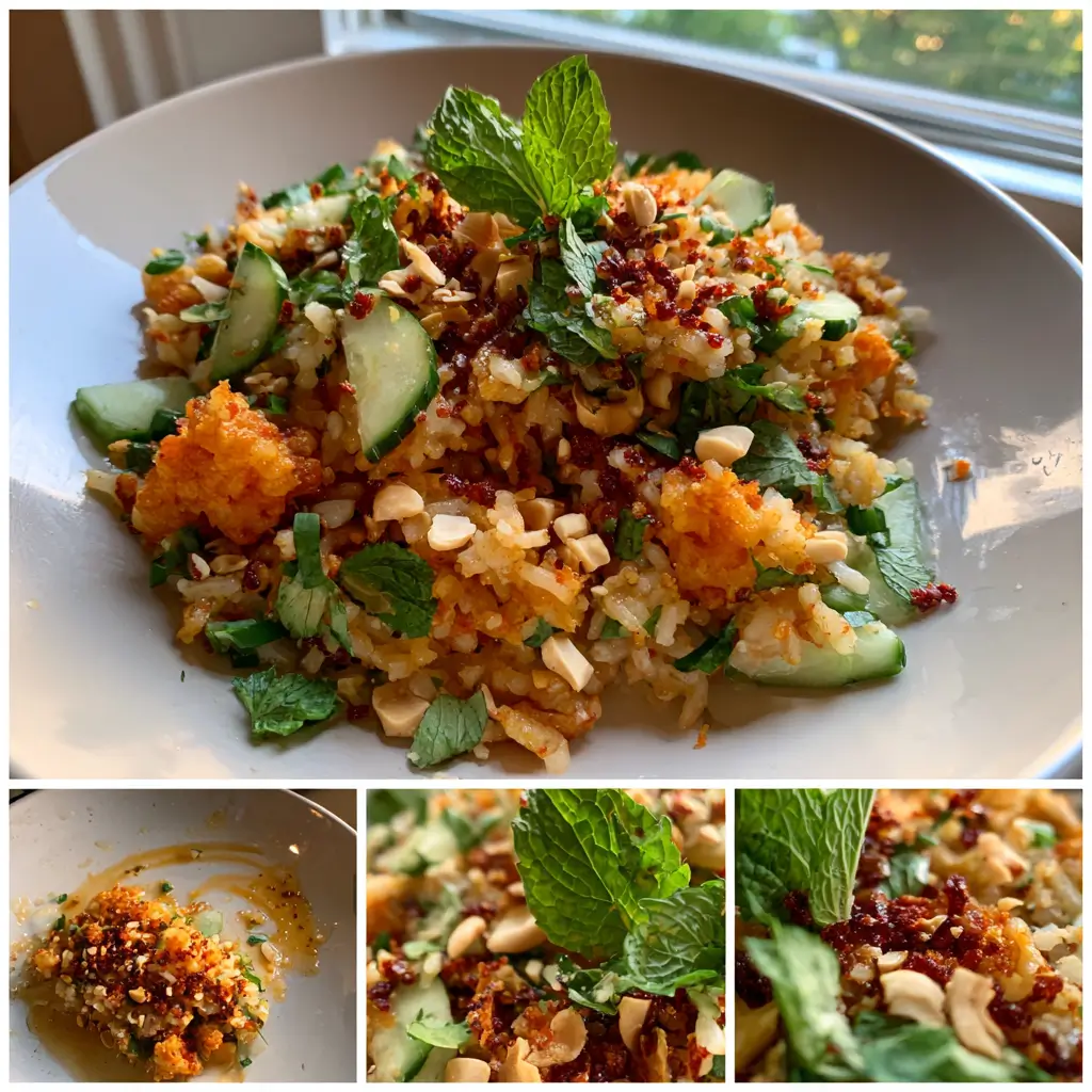 Crispy Rice Salad Recipe: 1 Stunning Crunch, Big Flavor 8 crispy rice salad collage with close-up textures, fresh herbs, and chili oil