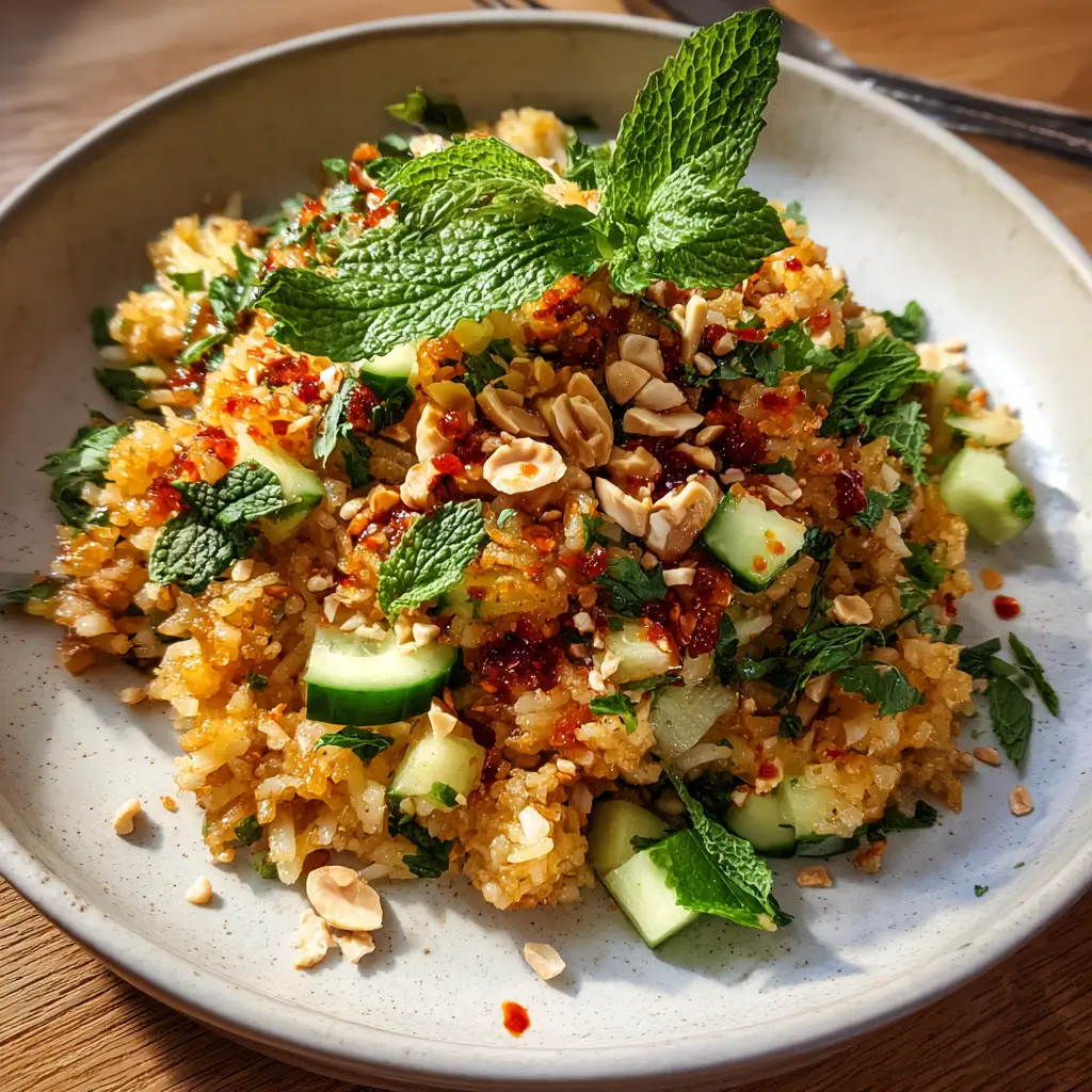 Crispy Rice Salad Recipe: 1 Stunning Crunch, Big Flavor 6 crispy rice salad with cucumber, mint, chili crisp, and crushed peanuts