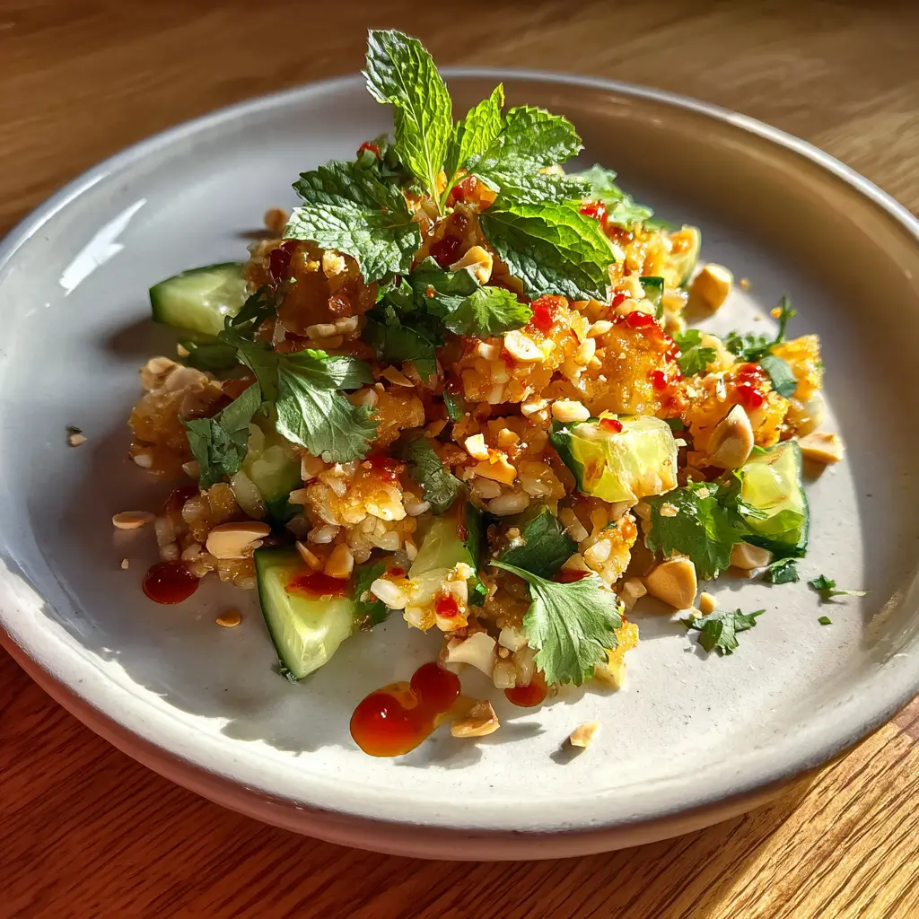 Crispy Rice Salad Recipe: 1 Stunning Crunch, Big Flavor 9 crispy rice salad with chili drizzle, cucumber, cilantro, and crushed peanuts