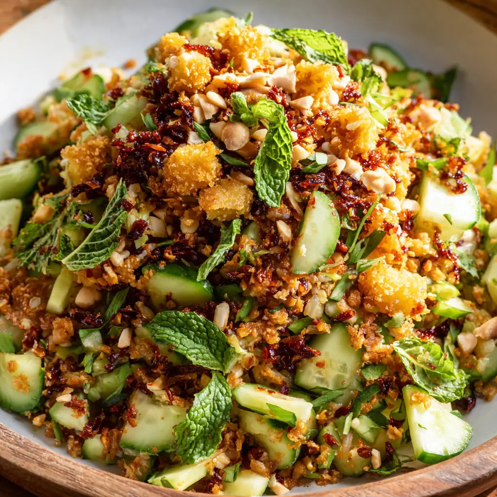 crispy rice salad with golden rice clusters, mint, cucumber, peanuts, and chili oil