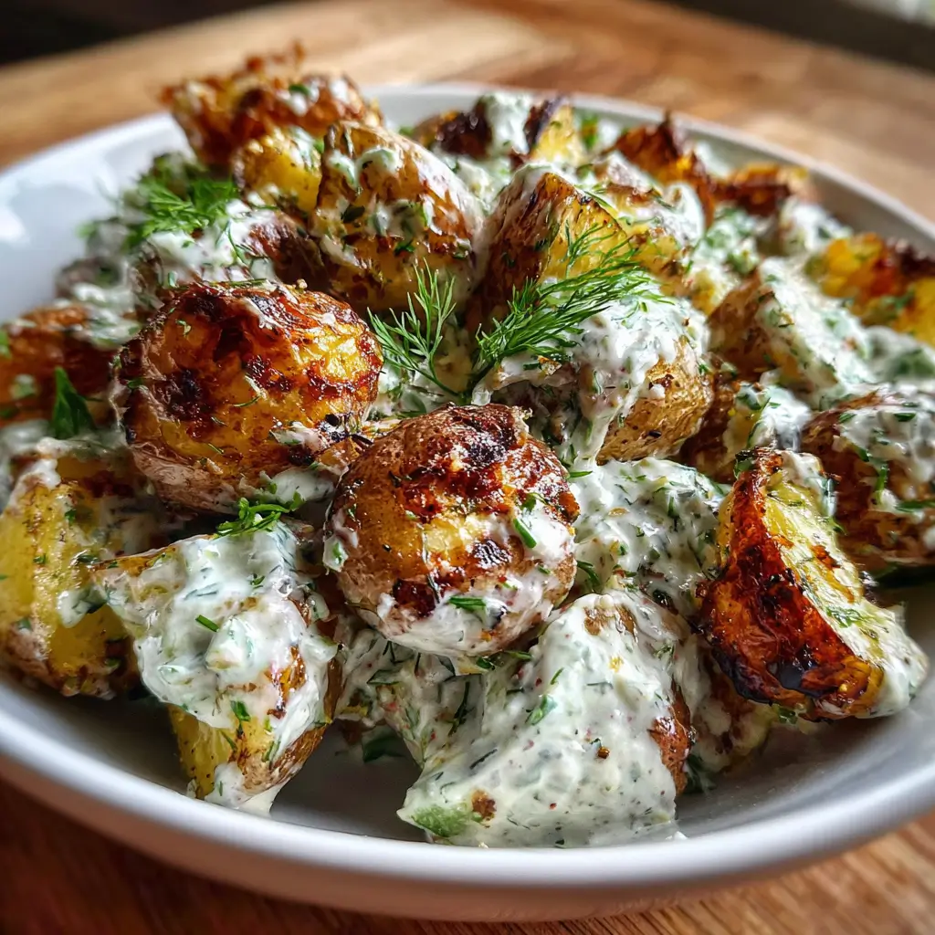 5-Star Crispy Smashed Potato Salad Recipe | Remarkable Crunch! 8 Roasted crispy smashed potato salad with creamy yogurt herb dressing and fresh dill