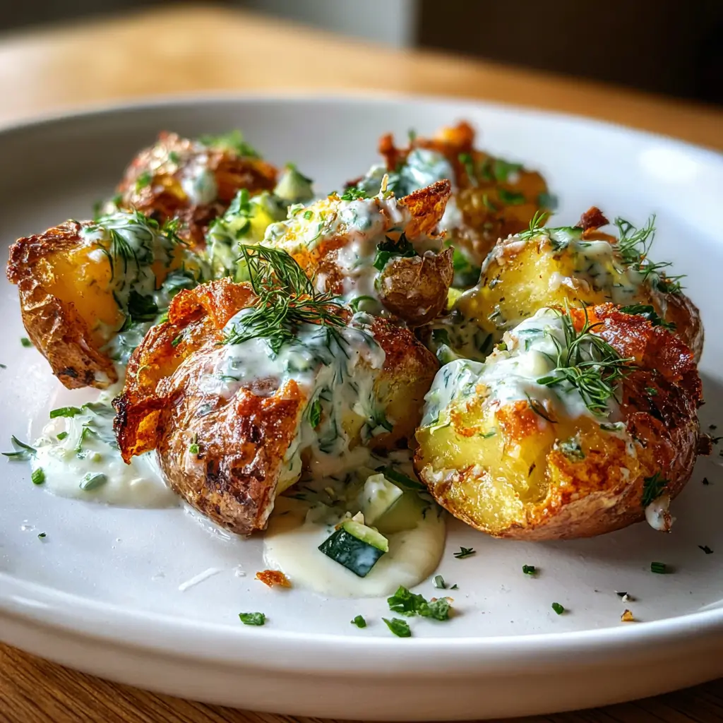 5-Star Crispy Smashed Potato Salad Recipe | Remarkable Crunch! 6 Crispy smashed baby potatoes with creamy dill yogurt dressing and cucumber garnish