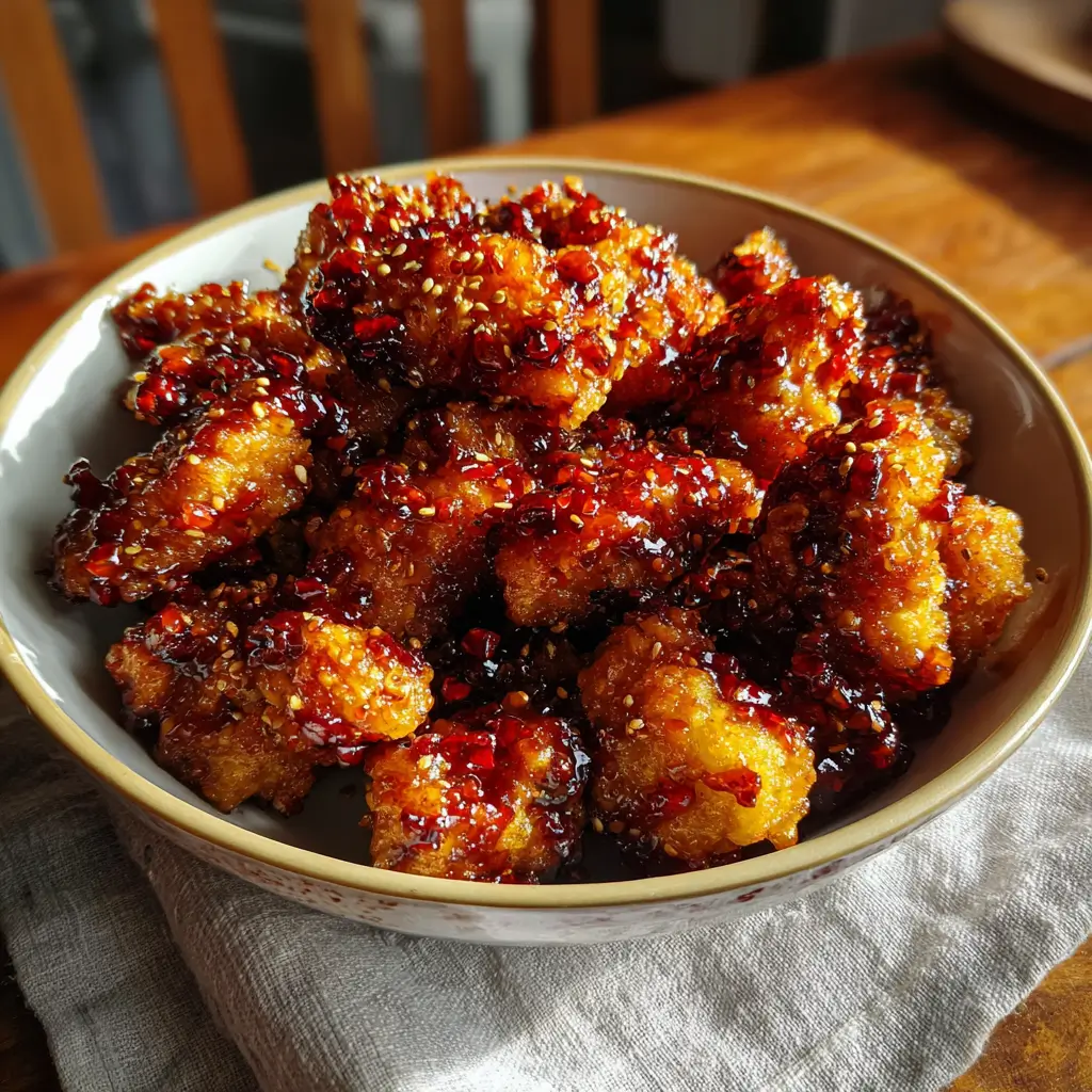 Crispy Sweet Chili Chicken | Unbelievably Easy & Addictive 5 Crispy sweet chili chicken coated in sticky sauce with sesame seeds over steamed rice