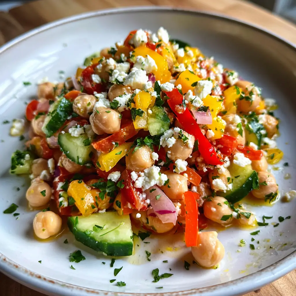 Dense Bean Salad Recipe – 1 Healthy Vegan Meal You’ll Love 8 Close-up of dense bean salad with chickpeas, bell peppers, cucumber, red onion, and vegan feta