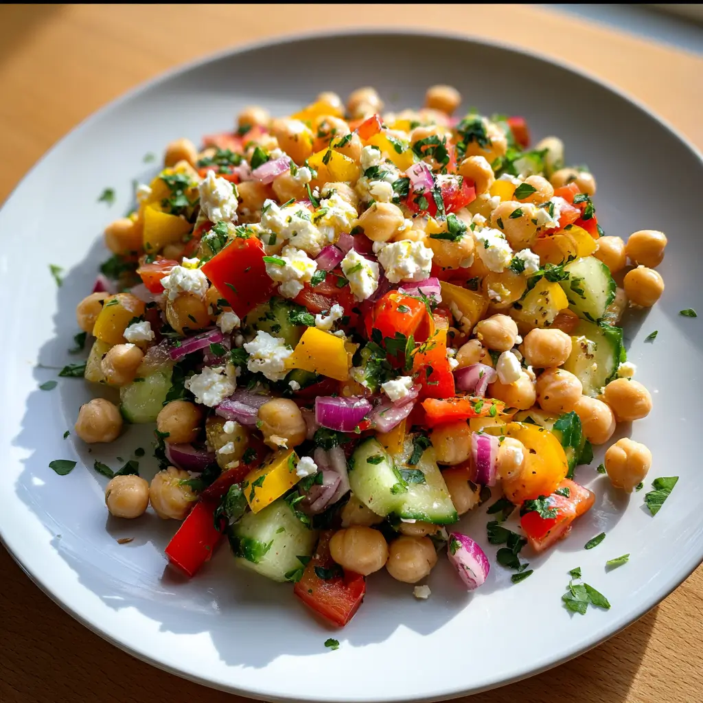 Dense Bean Salad Recipe – 1 Healthy Vegan Meal You’ll Love 6 Fresh dense bean salad with chickpeas, colorful bell peppers, cucumbers, and vegan feta on a white plate