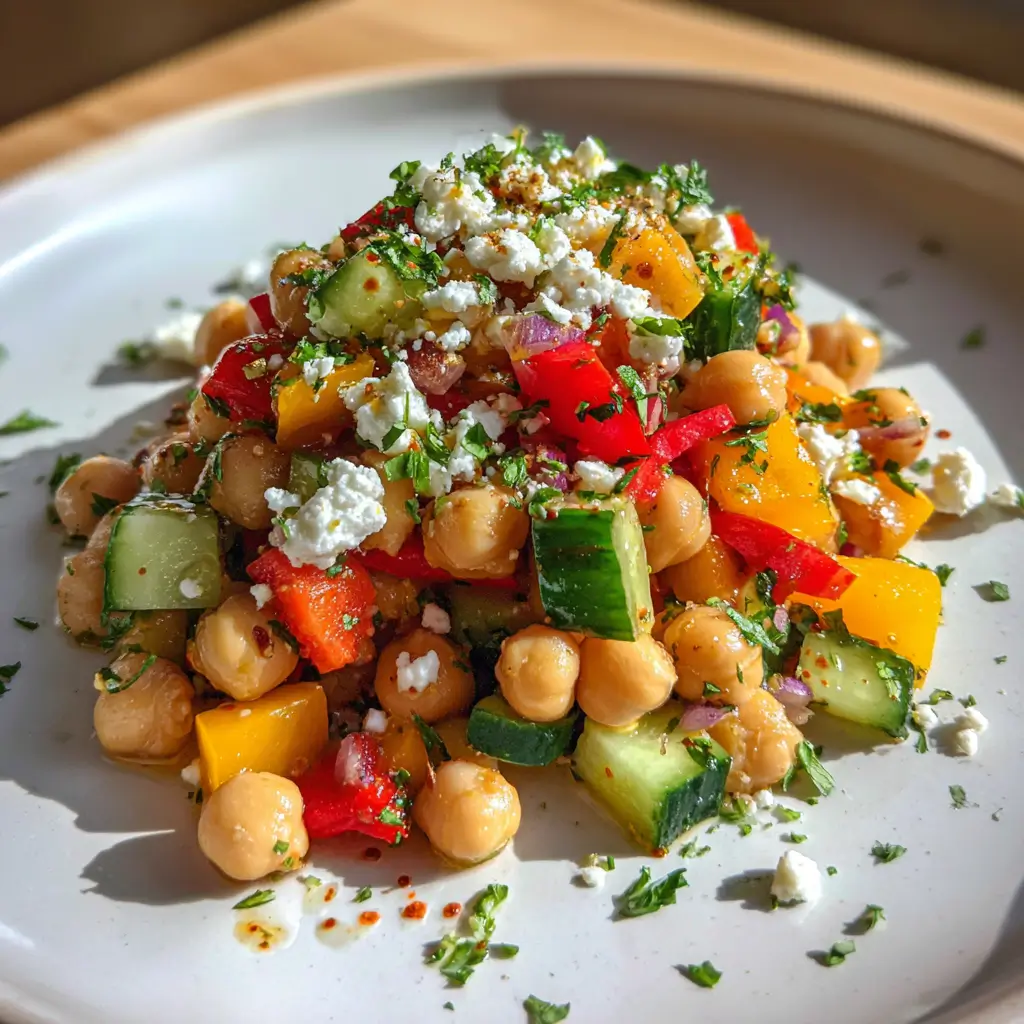 Dense Bean Salad Recipe – 1 Healthy Vegan Meal You’ll Love 9 Bright dense bean salad with chickpeas, cucumbers, bell peppers, and crumbled vegan feta on a plate