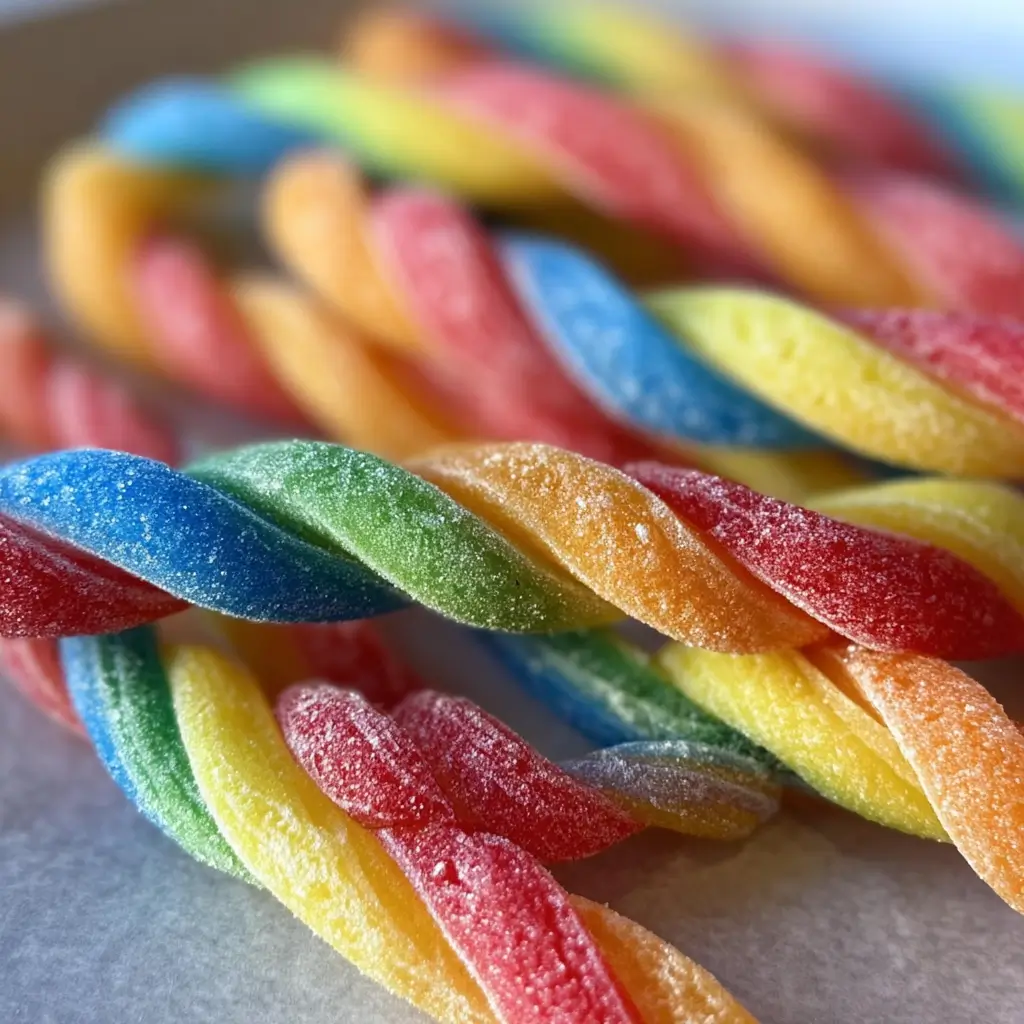 DIY Kool-Aid Candy Ropes – Fun, Fruity & Easy to Make 5 Homemade DIY Kool-Aid Candy Ropes with vibrant colors and sugar-coated texture on parchment