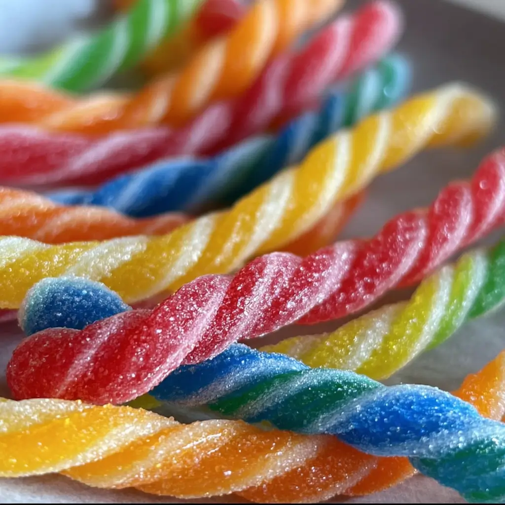 DIY Kool-Aid Candy Ropes – Fun, Fruity & Easy to Make 4 DIY Kool-Aid Candy Ropes on parchment with sugar-coated texture and vibrant colors
