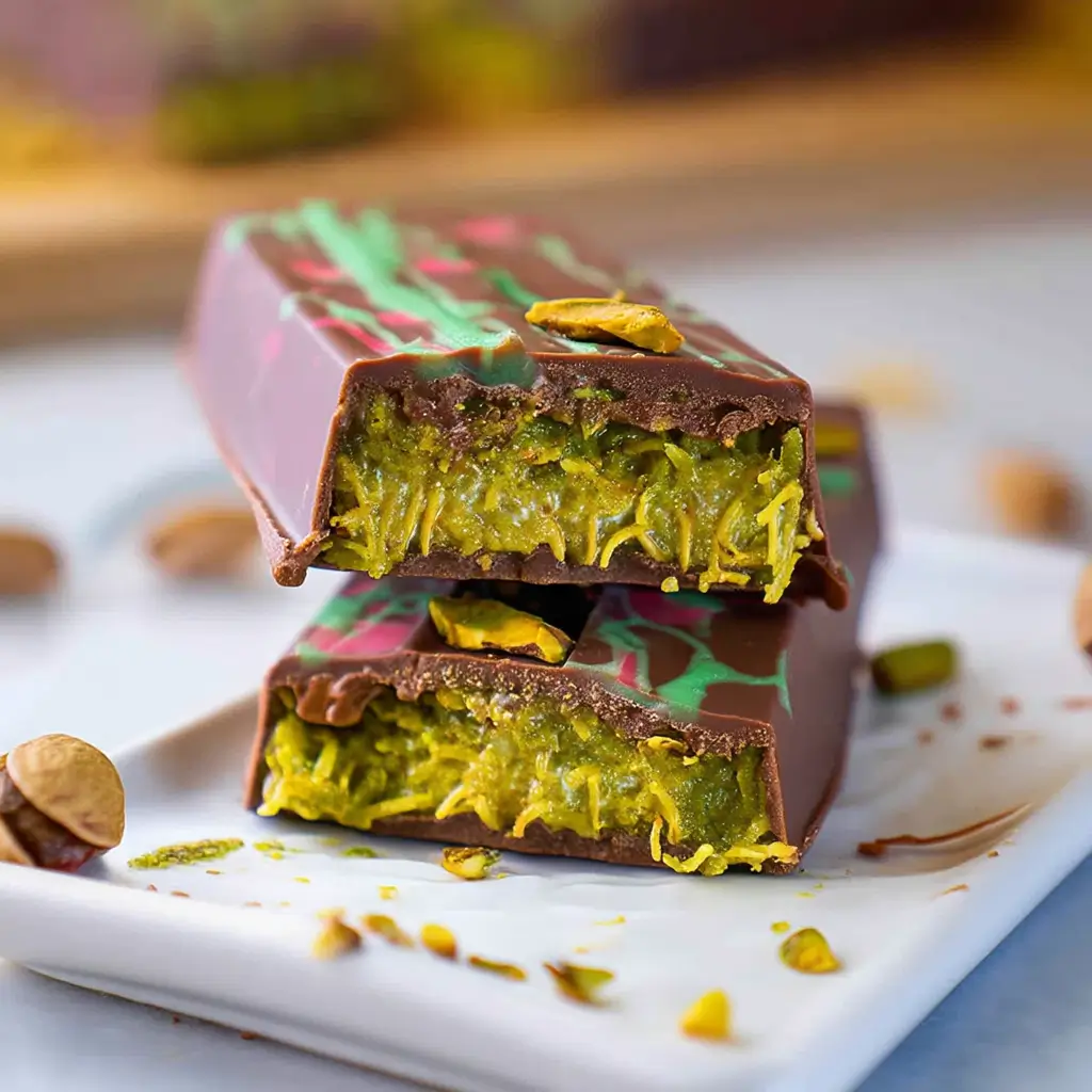 Dubai Knafeh Chocolate Bar – Amazing 5-Step Dessert You’ll Love 7 Dubai knafeh chocolate bar cut open to reveal golden kataifi crunch and pistachio tahini center inside a glossy chocolate shell