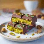 Dubai Knafeh Chocolate Bar – Amazing 5-Step Dessert You’ll Love 6 Sliced Dubai knafeh chocolate bar showing layers of crisp kataifi pastry and creamy pistachio filling wrapped in smooth chocolate