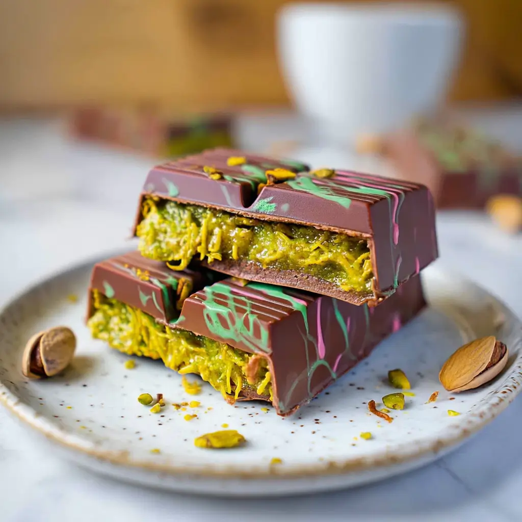 Dubai Knafeh Chocolate Bar – Amazing 5-Step Dessert You’ll Love 5 Close-up of Dubai knafeh chocolate bar with crispy kataifi pastry and creamy pistachio filling inside a glossy chocolate shell
