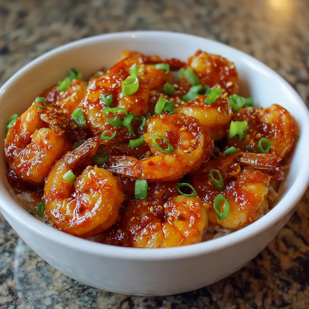 Bold Firecracker Shrimp glazed in spicy chili sauce with sesame and lime over white rice