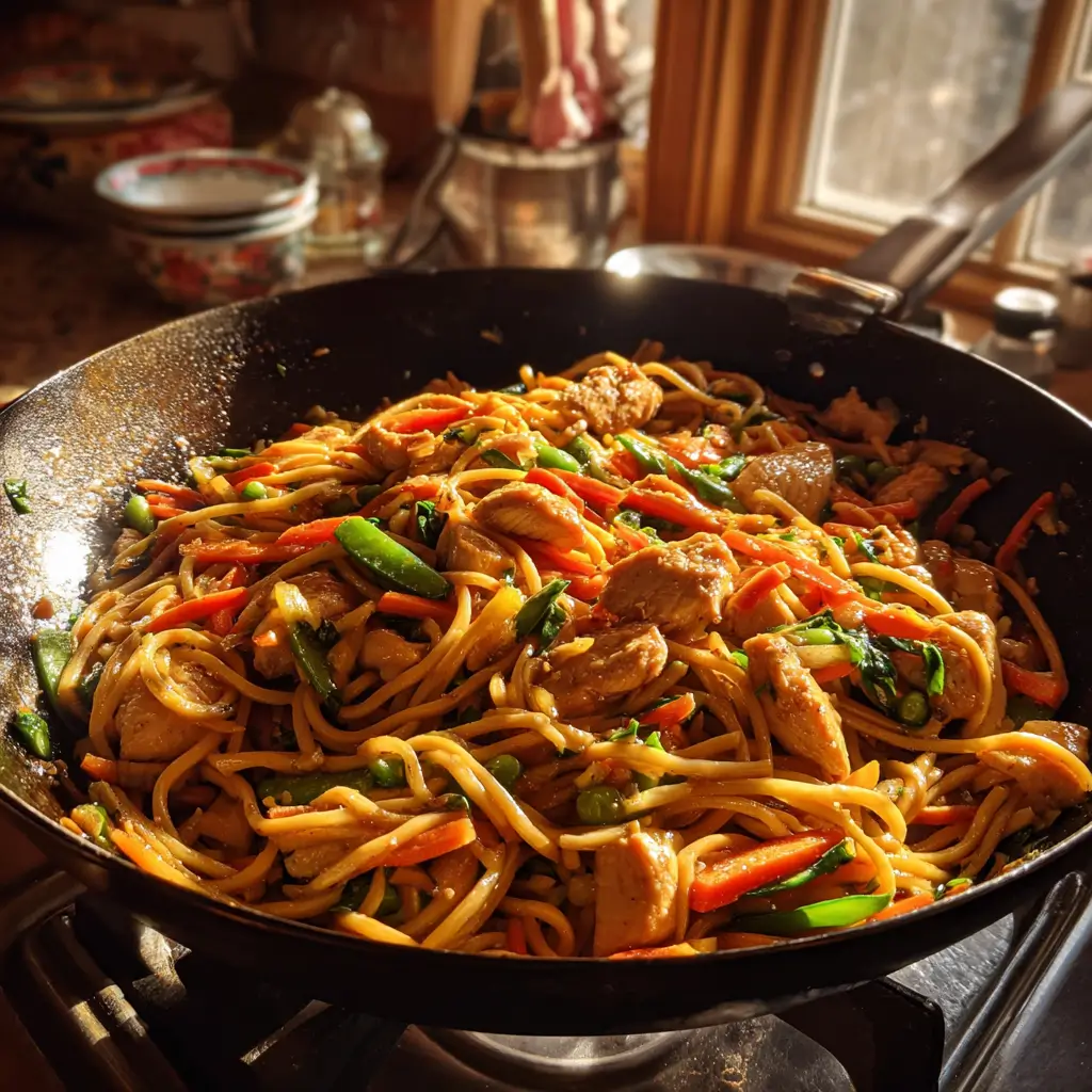 Garlic Chicken Lo Mein – The Ultimate Easy Weeknight Obsession 8 Garlic Chicken Lo Mein cooking in a black wok with vegetables and noodles