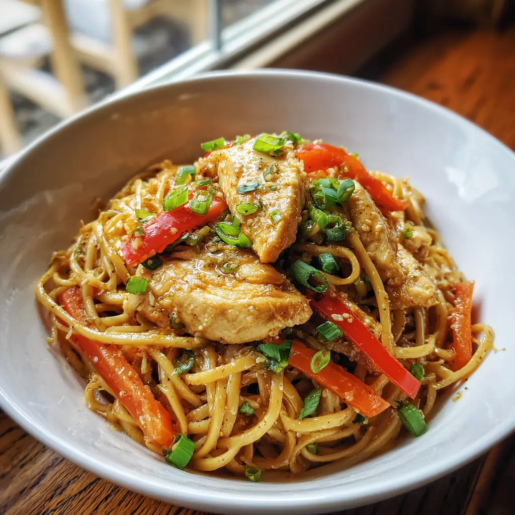 Garlic Chicken Lo Mein – The Ultimate Easy Weeknight Obsession 9 Garlic Chicken Lo Mein served in a white bowl with glazed chicken and scallions