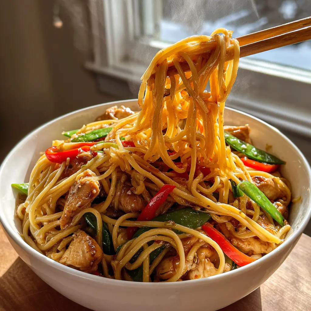 Garlic Chicken Lo Mein – The Ultimate Easy Weeknight Obsession 6 Garlic Chicken Lo Mein noodles lifted with chopsticks, steam rising from fresh bowl