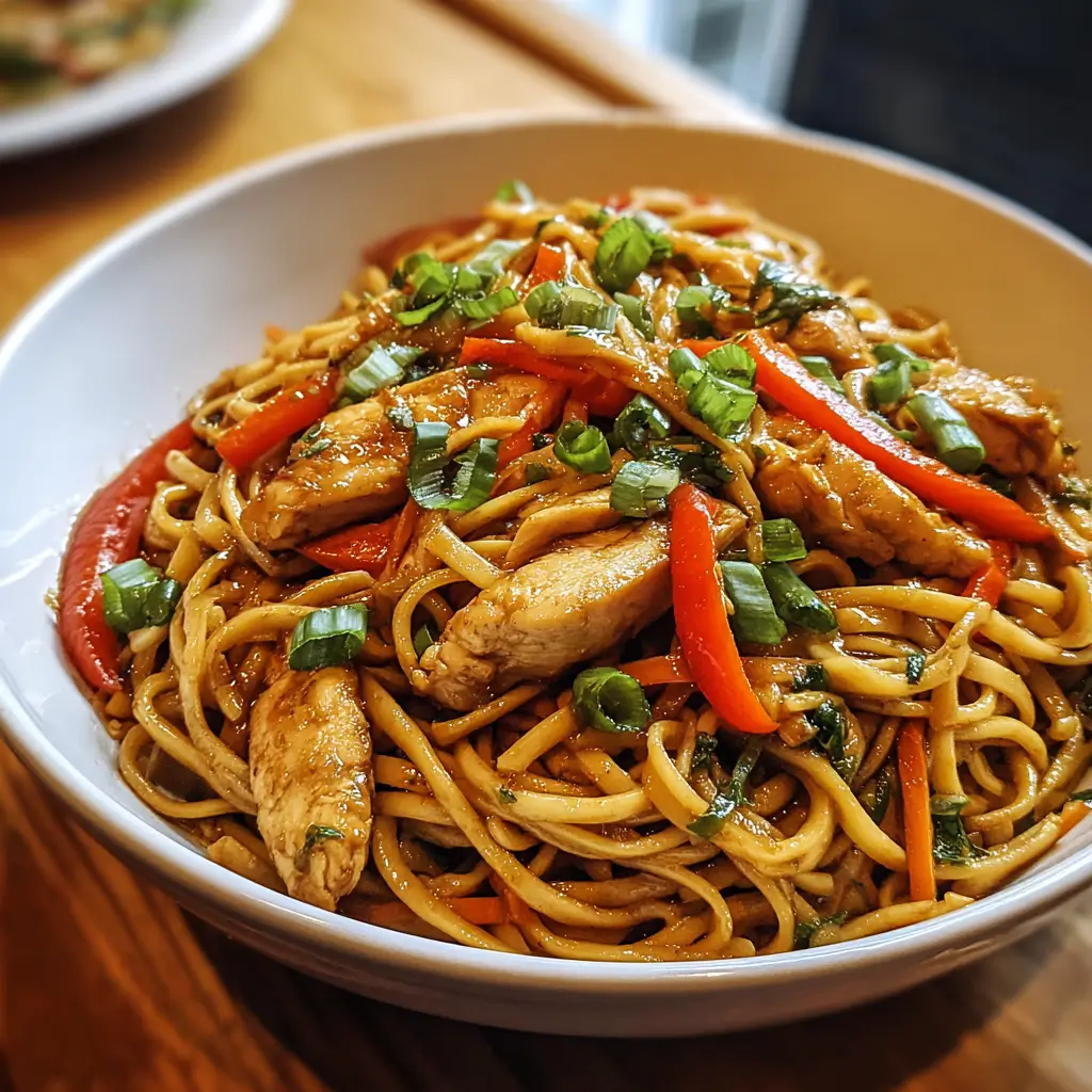 Garlic Chicken Lo Mein with noodles, vegetables, and scallions in white bowl