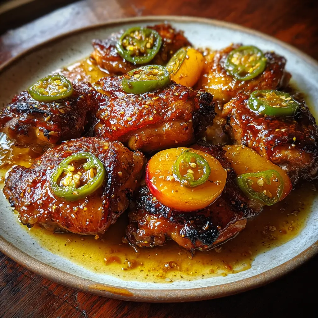 Jalapeño Peach Chicken – 1 Powerful Dinner Idea You’ll Love 4 Jalapeño Peach Chicken with golden glaze, jalapeño slices, and peaches on a rustic plate