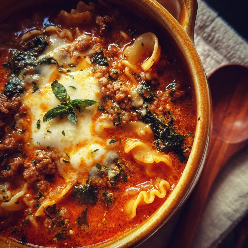 Lasagna Soup: The Coziest Twist on a Classic You’ll Crave Again and Again 6 Homemade Lasagna Soup topped with melted cheese and fresh basil in a rustic bowl