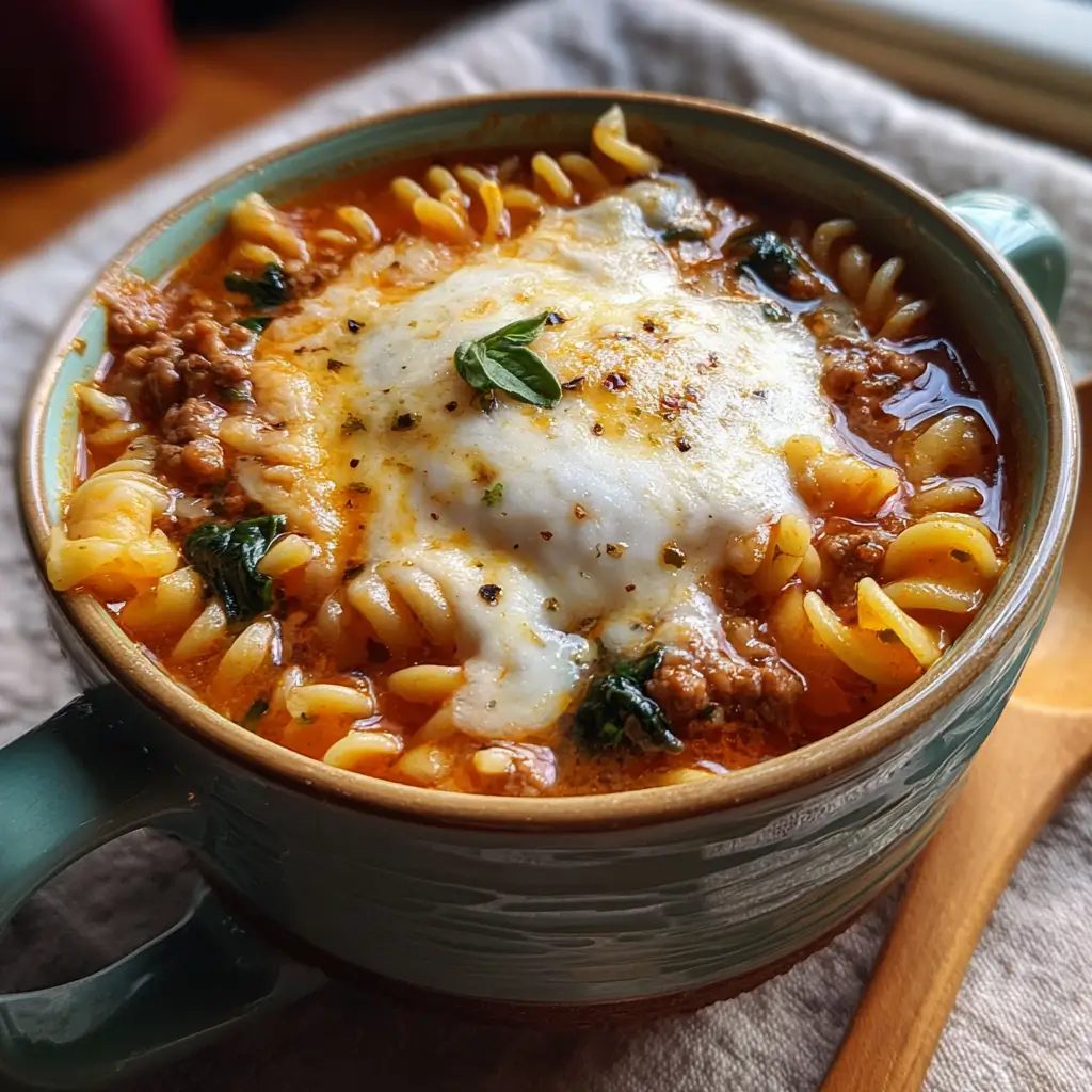Lasagna Soup: The Coziest Twist on a Classic You’ll Crave Again and Again 5 Homemade Lasagna Soup with melted cheese and fresh basil in a rustic bowl