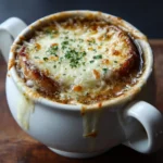 Lazy French Onion Soup – Easy 1-Pot Recipe With Rich Flavor 7 Bowl of lazy French onion soup with caramelized onions, Gruyère, and toasted bread