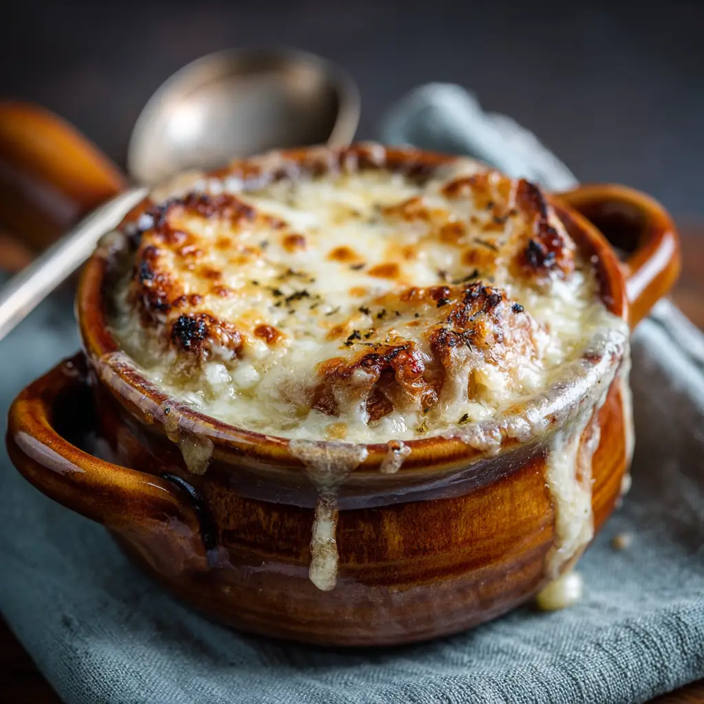 Lazy French Onion Soup – Easy 1-Pot Recipe With Rich Flavor 6 Rustic lazy French onion soup with toasted baguette and bubbling Gruyère cheese
