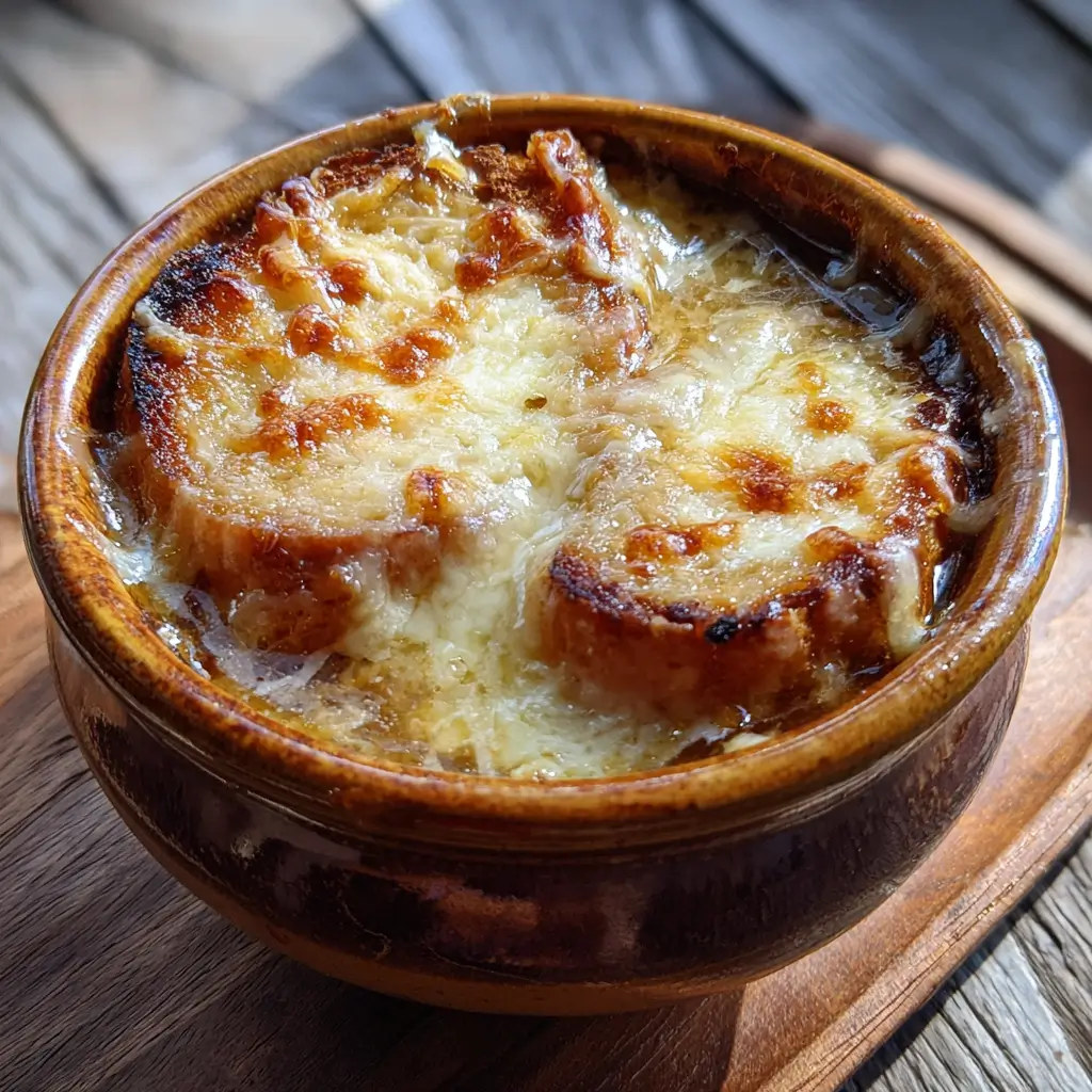 Lazy French onion soup with caramelized onions, melted Gruyère, and toasted bread in a rustic bowl