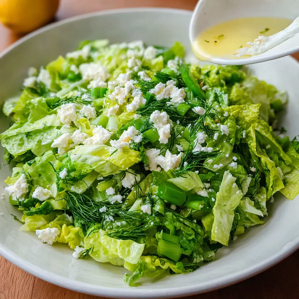Maroulosalata Greek Lettuce Salad – Top 1 Fresh Favorite Recipe Now 6 Maroulosalata Greek lettuce salad with feta and dill, lemon dressing spooned on top
