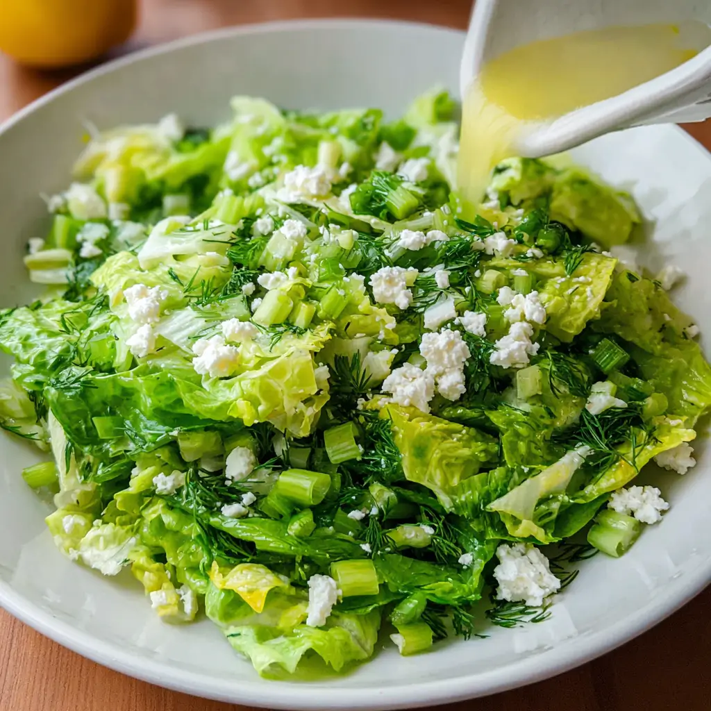 Maroulosalata Greek Lettuce Salad – Top 1 Fresh Favorite Recipe Now 5 Maroulosalata Greek lettuce salad with feta and dill being dressed with lemon vinaigrette