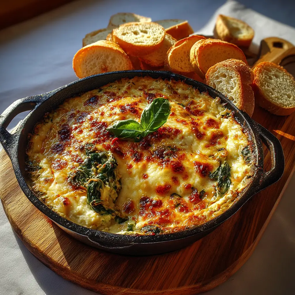 Marry Me Dip in a cast-iron skillet with melted cheese, spinach, and sun-dried tomatoes