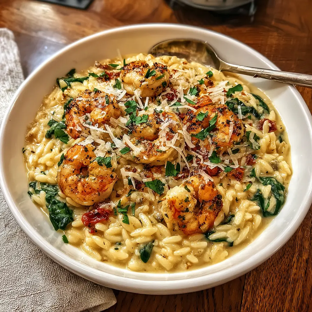 Marry Me Shrimp Orzo in a bowl with creamy orzo, sun-dried tomatoes, and seared shrimp