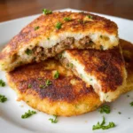 Mashed Potato Pancakes – 7 Powerful Tricks for Irresistibly Crispy Perfection 7 Mashed potato pancakes stacked on a plate, split to show ground meat and herb filling with golden crust
