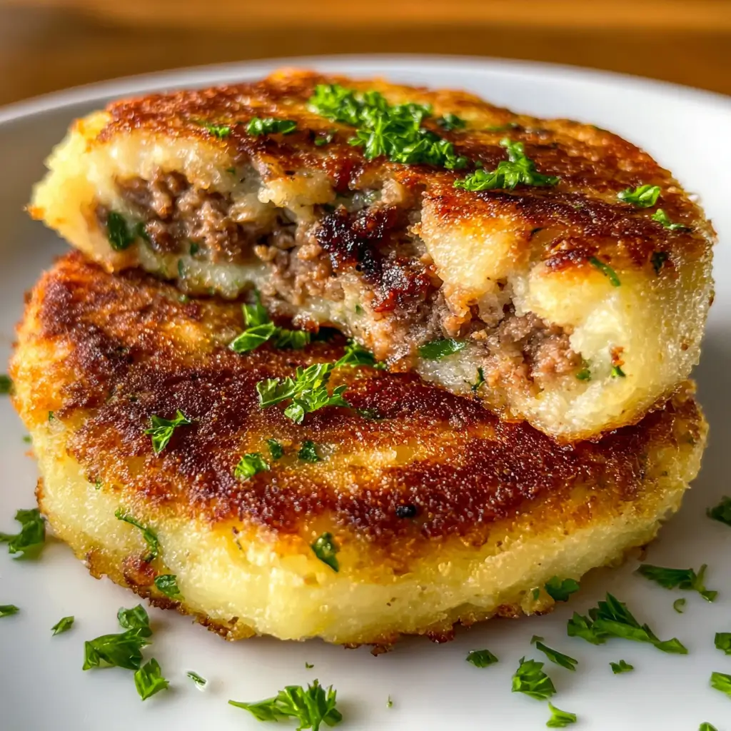 Mashed Potato Pancakes – 7 Powerful Tricks for Irresistibly Crispy Perfection 6 Golden mashed potato pancake split to reveal juicy ground meat and herbs inside