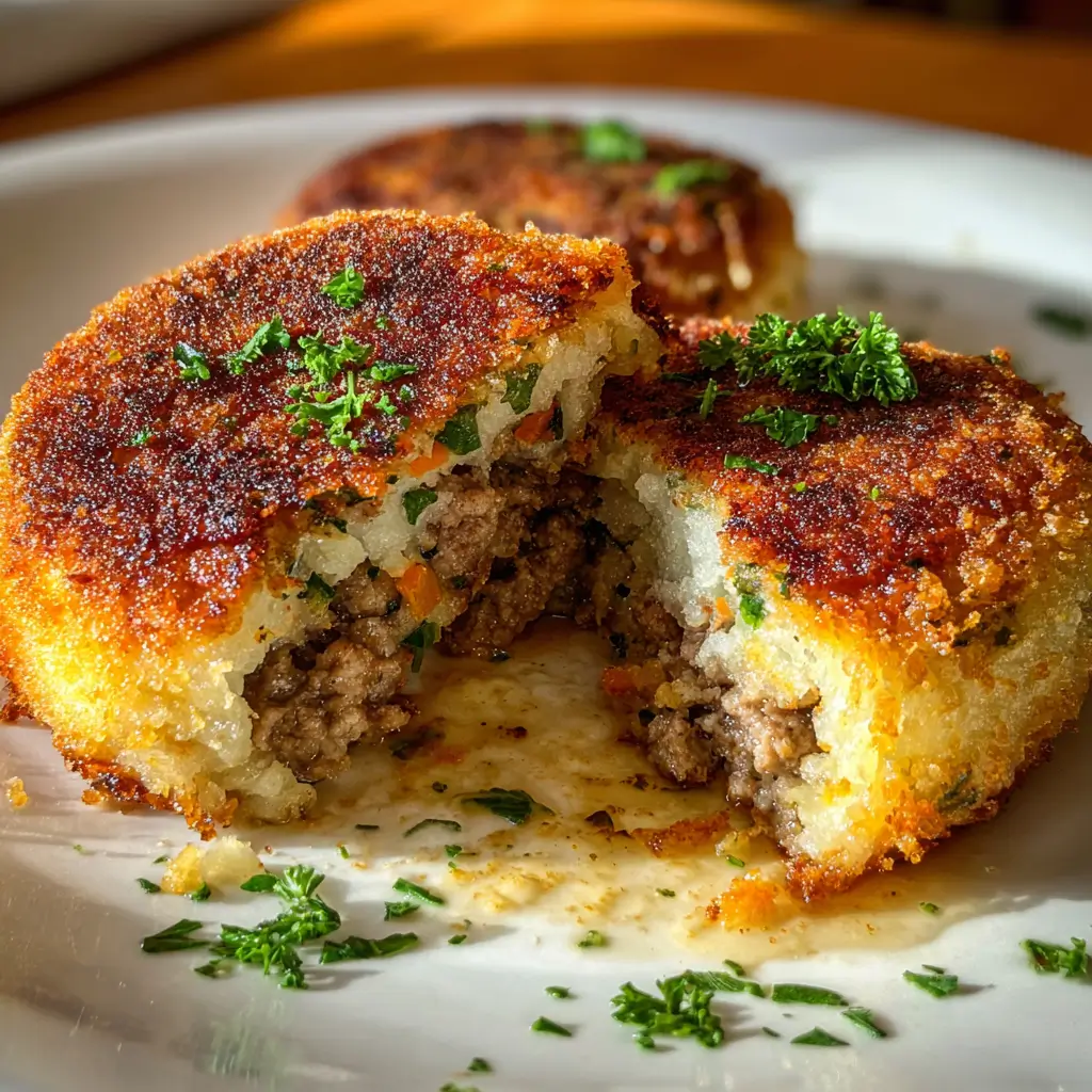Mashed Potato Pancakes – 7 Powerful Tricks for Irresistibly Crispy Perfection 9 Mashed potato pancake split open with visible ground meat and carrot filling, crispy breadcrumb coating