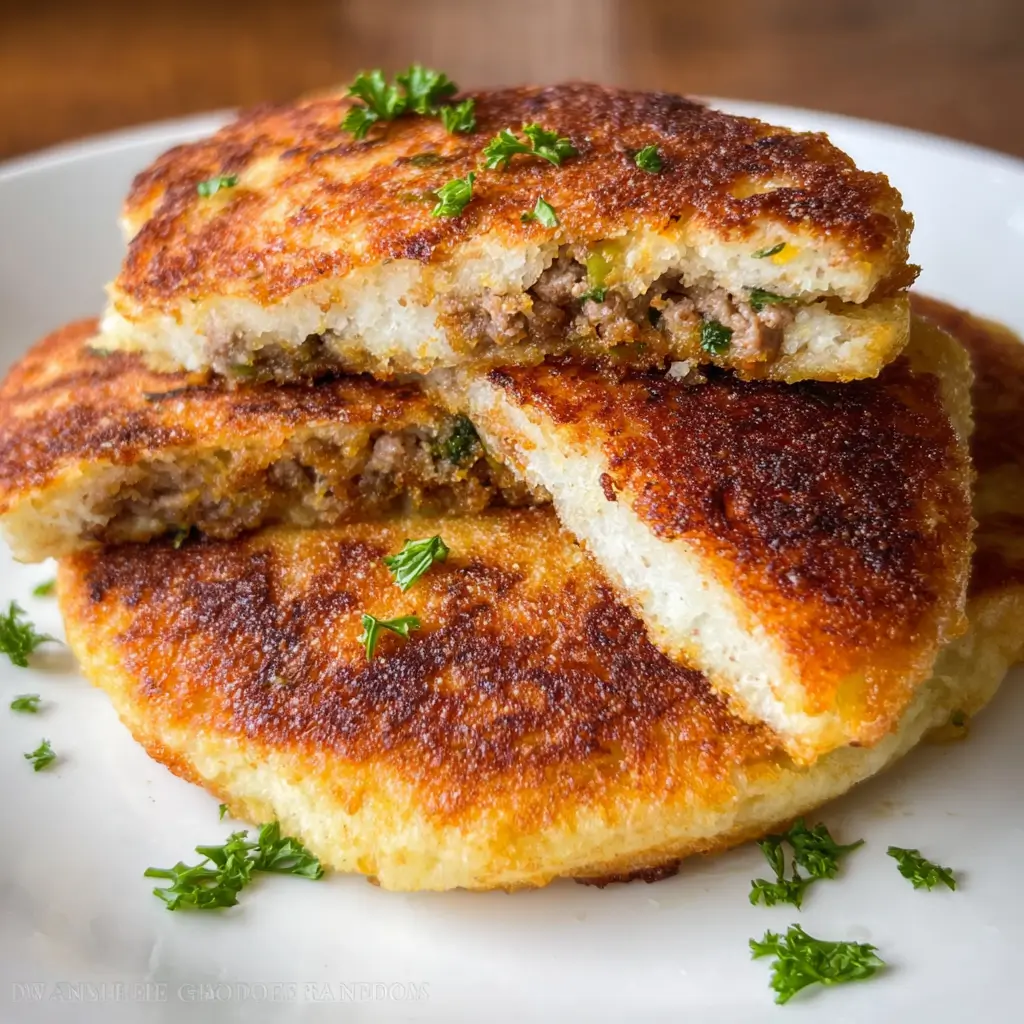 Mashed Potato Pancakes – 7 Powerful Tricks for Irresistibly Crispy Perfection 8 Mashed potato pancakes with meat filling, crispy golden crust and fresh parsley garnish