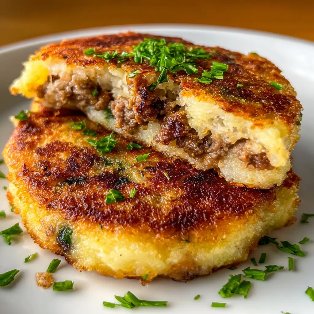 Mashed Potato Pancakes – 7 Powerful Tricks for Irresistibly Crispy Perfection 5 Mashed potato pancakes with meat filling cut open to show crispy crust and savory beef interior