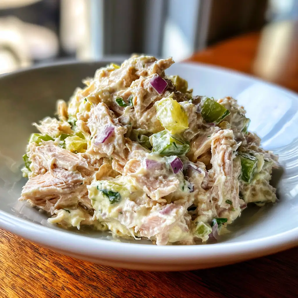 Matthew McConaughey Tuna Salad – 1 Viral Star Recipe You'll Love 6 Close-up of Matthew McConaughey Tuna Salad with red onion, pickles, and creamy wasabi mayo in a white bow