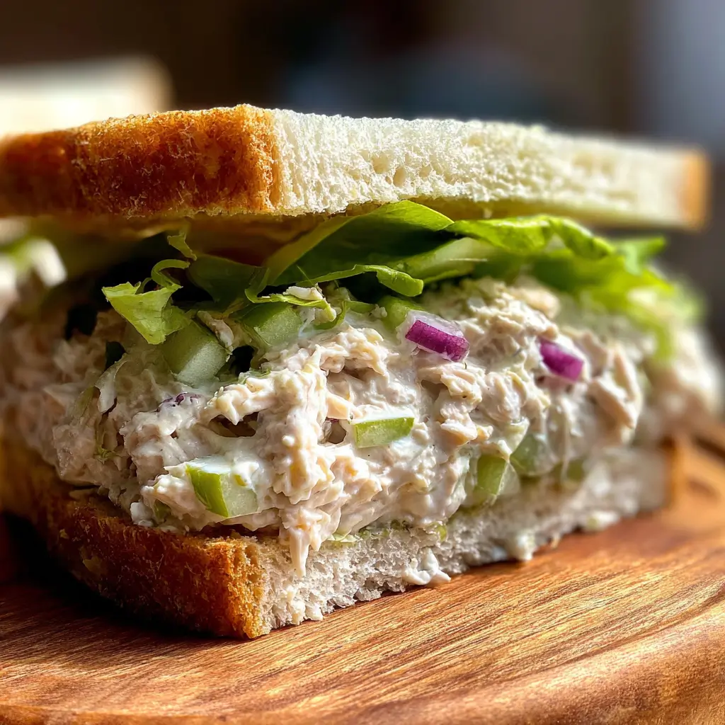 Matthew McConaughey Tuna Salad – 1 Viral Star Recipe You'll Love 9 Close-up of Matthew McConaughey’ Tuna Salad sandwich with lettuce, red onion, and green apple on white bread
