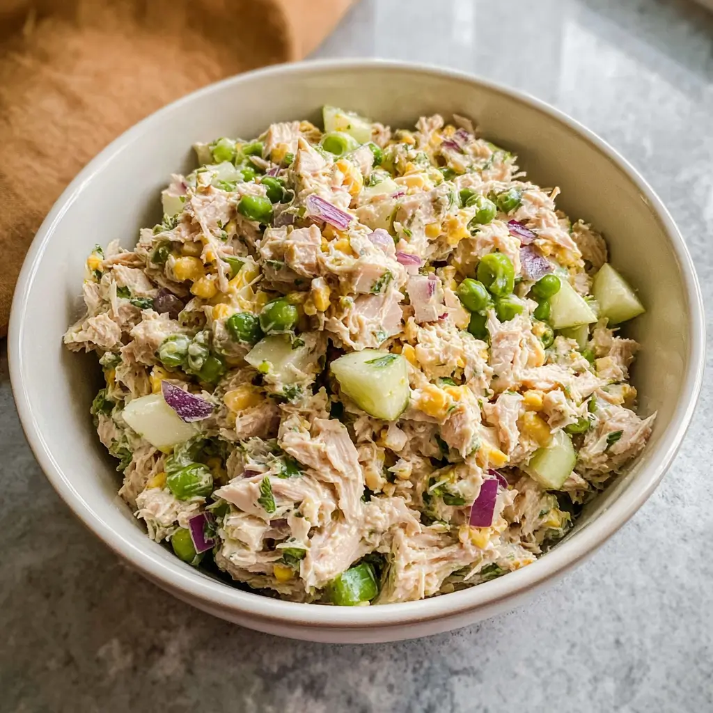 Matthew McConaughey Tuna Salad in a white bowl with green apple, peas, corn, red onion, and creamy wasabi dressing