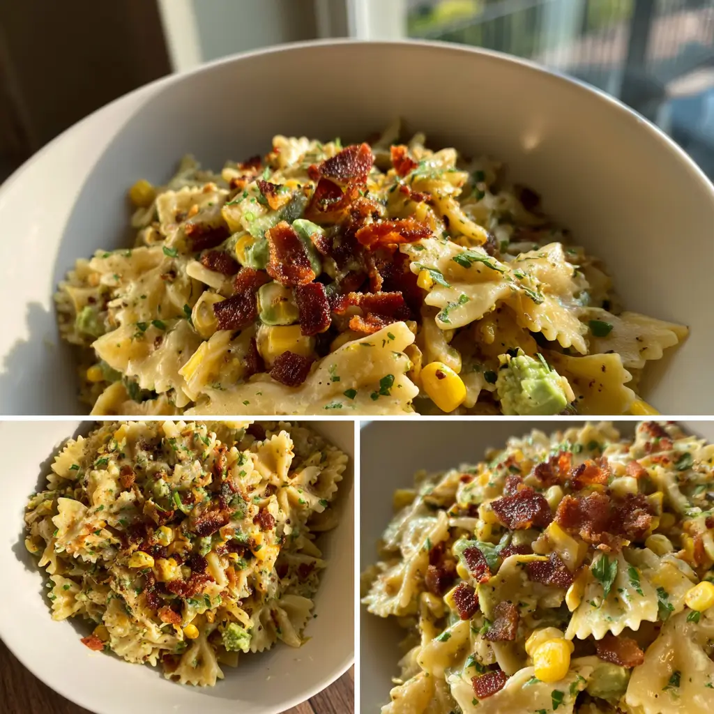 Mexican Street Corn Pasta Salad | Easy 30-Minute Crowd Favorite 8 Mexican Street Corn Pasta Salad with crispy bacon, avocado, and corn shown in close-up and overhead views