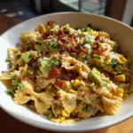 Mexican Street Corn Pasta Salad | Easy 30-Minute Crowd Favorite 7 Creamy Mexican Street Corn Pasta Salad with avocado, bacon, and cotija in a white bowl