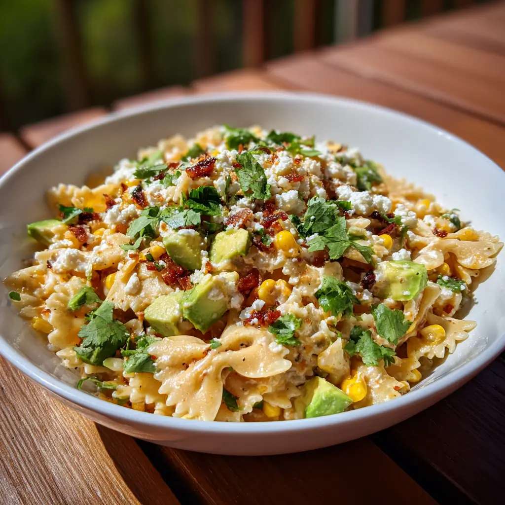 Mexican Street Corn Pasta Salad | Easy 30-Minute Crowd Favorite 6 Mexican Street Corn Pasta Salad with avocado, cotija, and cilantro in a white bowl on a wooden table