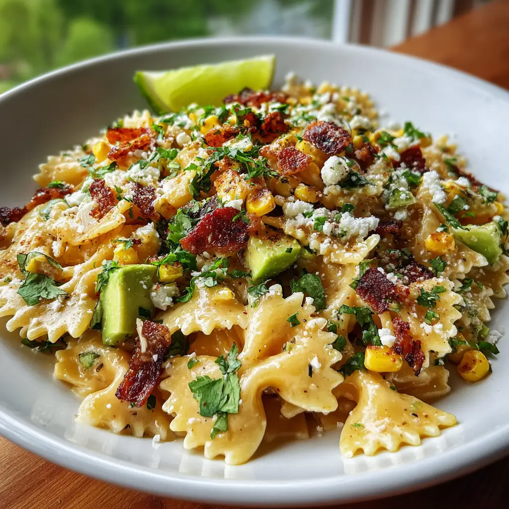 Mexican Street Corn Pasta Salad | Easy 30-Minute Crowd Favorite 9 Mexican Street Corn Pasta Salad with avocado, bacon, and cotija cheese on a white plate