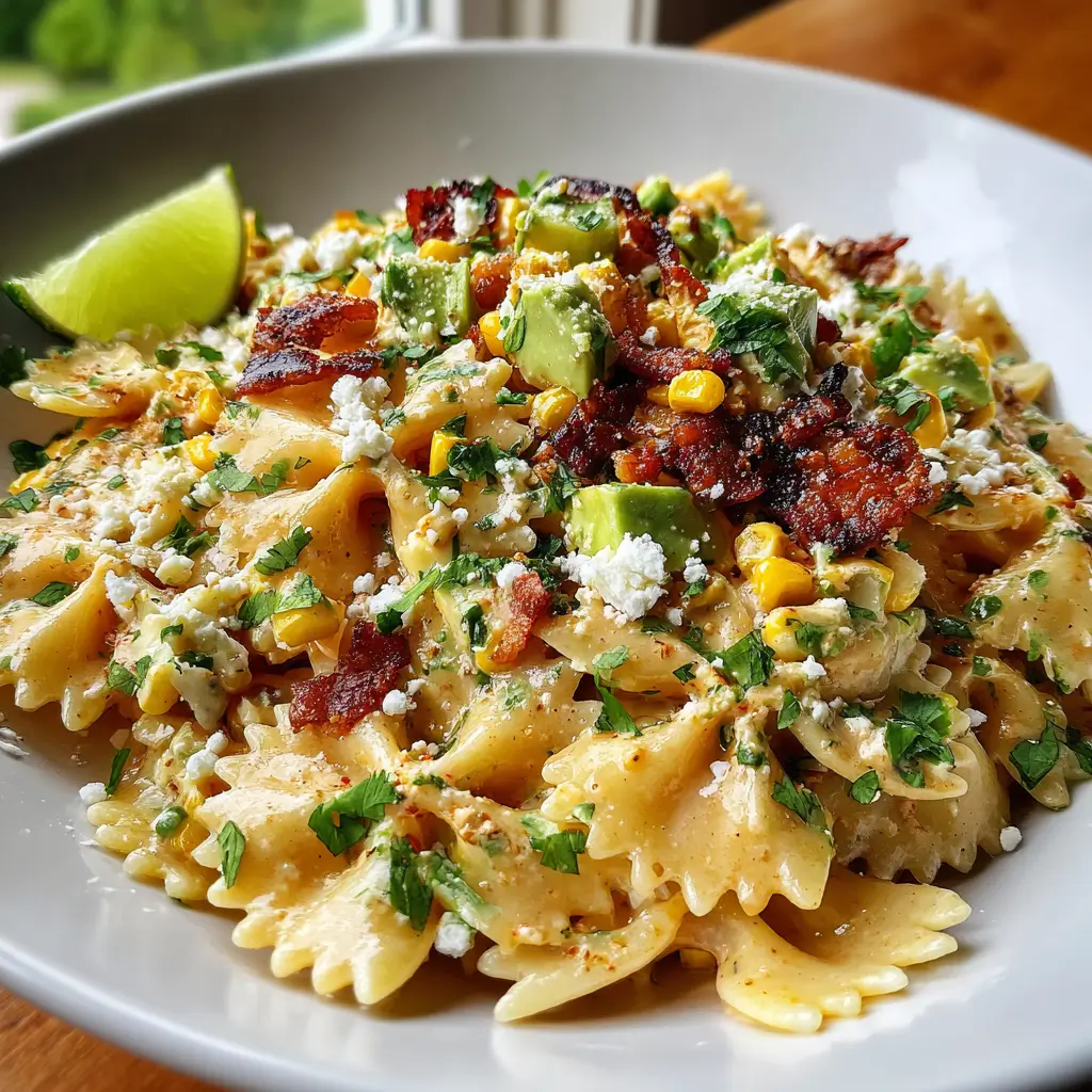 Mexican Street Corn Pasta Salad served with avocado, crispy bacon, and lime in a white bowl