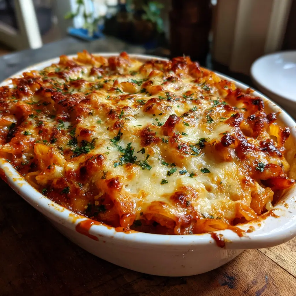 Baked minestrone casserole with melted cheese, vegetables, and herbs in a rustic white dish