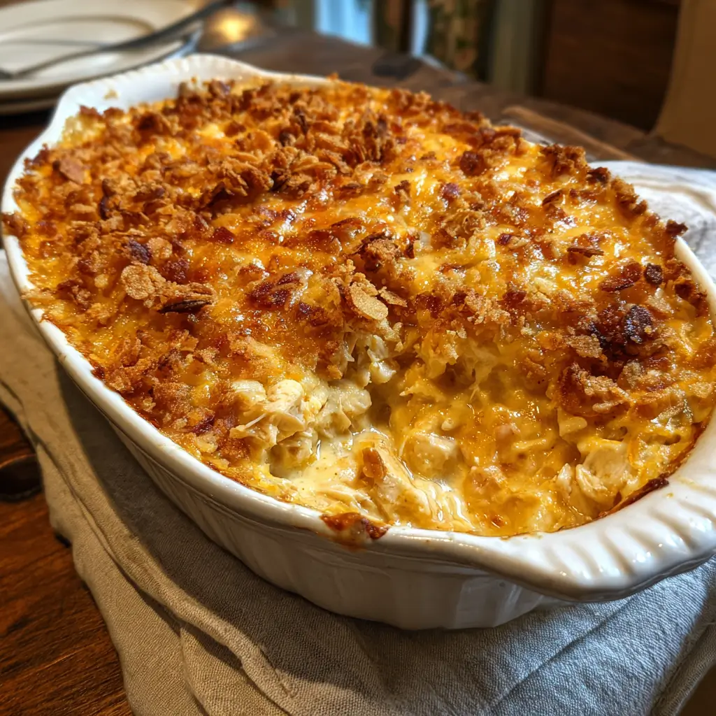 Neiman Marcus Chicken Casserole – Rich Flavor, Easy Bake 4 Neiman Marcus Chicken Casserole with golden cracker topping and creamy filling